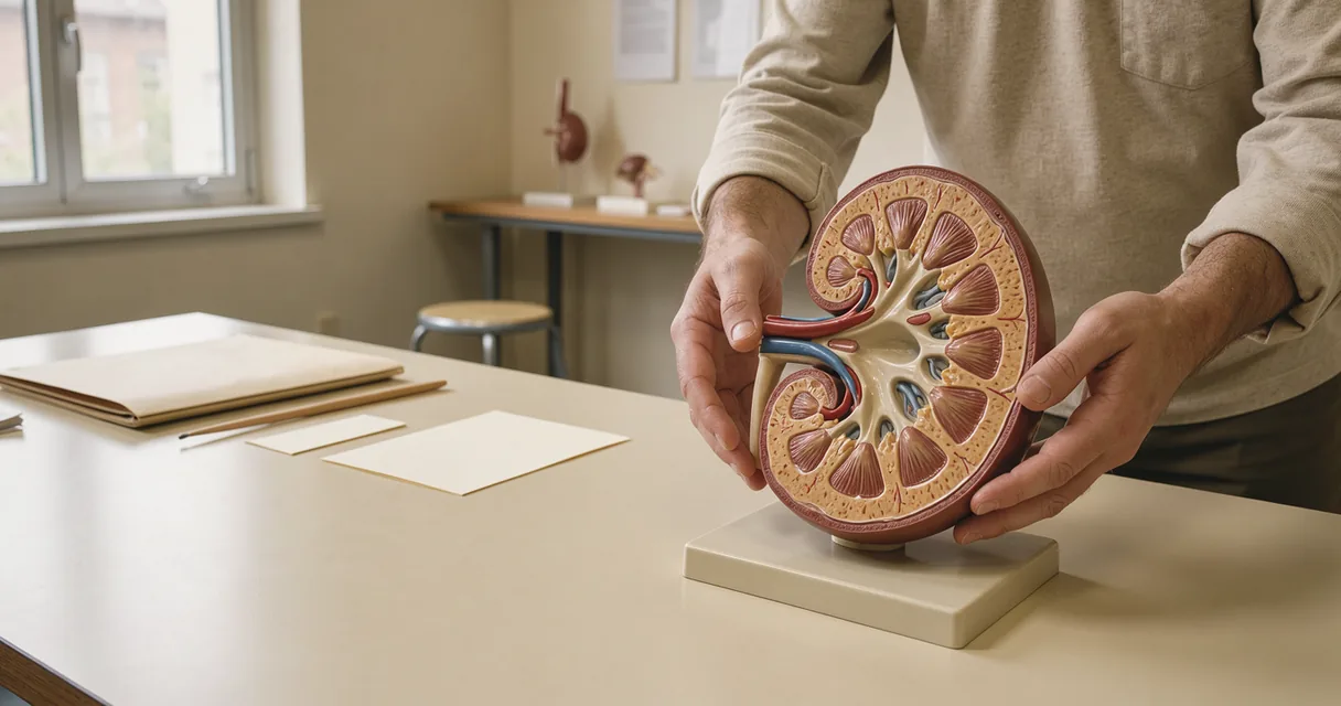 An educator’s hands arranging a kidney teaching model on a cream worktable