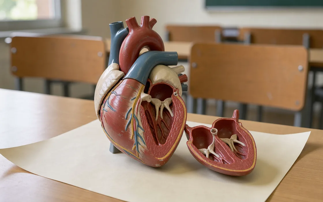 A painted anatomical heart model opened on a pale wooden teaching table