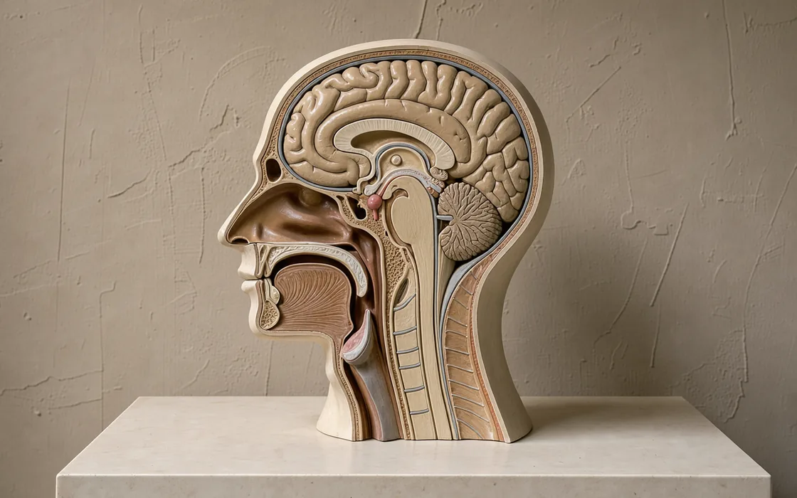 A cutaway head teaching model showing the pituitary beneath the brain