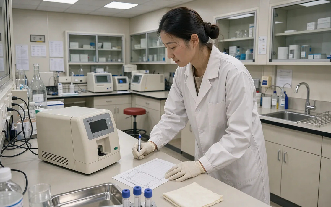 A laboratory technician working beside a compact HbA1c analyser on a cream bench